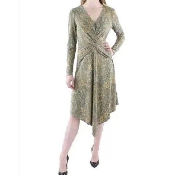 Ralph Lauren Dress Womens 4 Tan Blue Paisley Front Twist Stretch Luxury Feminine - Picture 1 of 14
